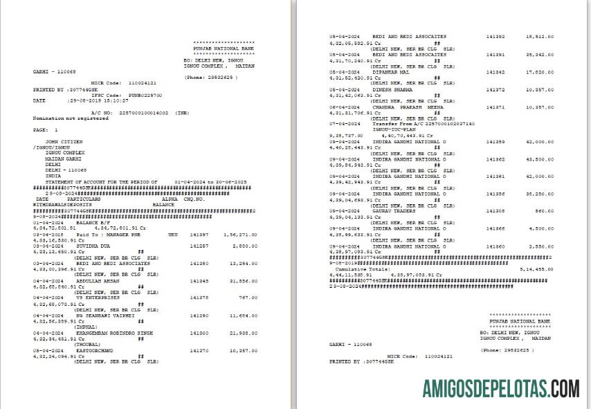 Extrato bancário dos Emirados Árabes Unidos Dubai PNB para impressão, modelo Word e PDF, 2 páginas